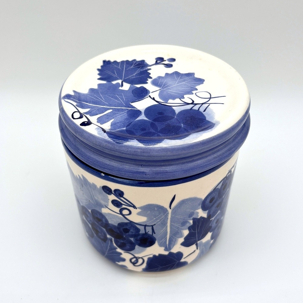 Blue White Grape Handpainted Ceramic Canister Rustic Farmhouse Kitchen Decor Jar